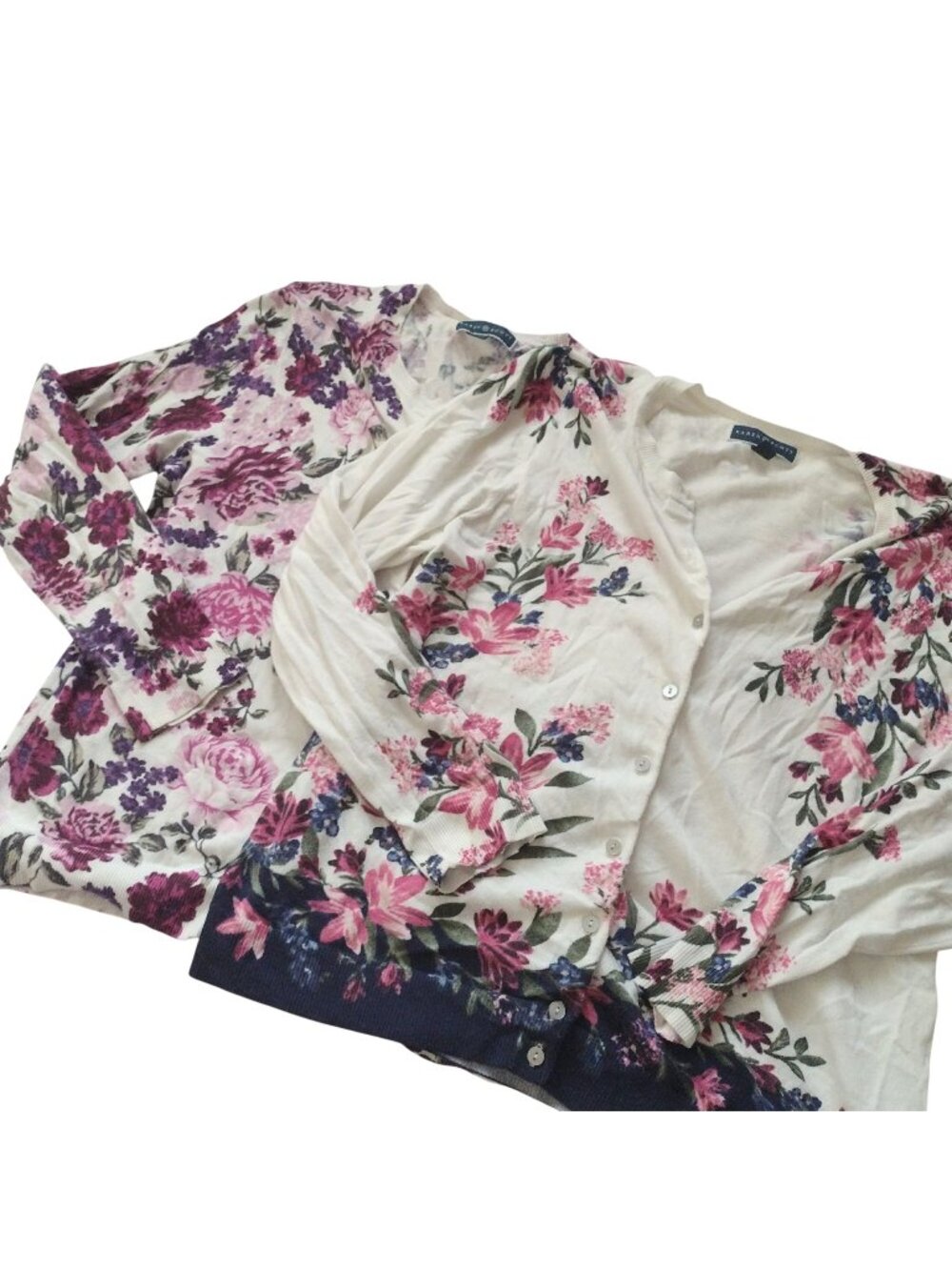 Lot of 2 Karen Scott Floral Sweaters L Stretch Lightweight Feminine Cardigans